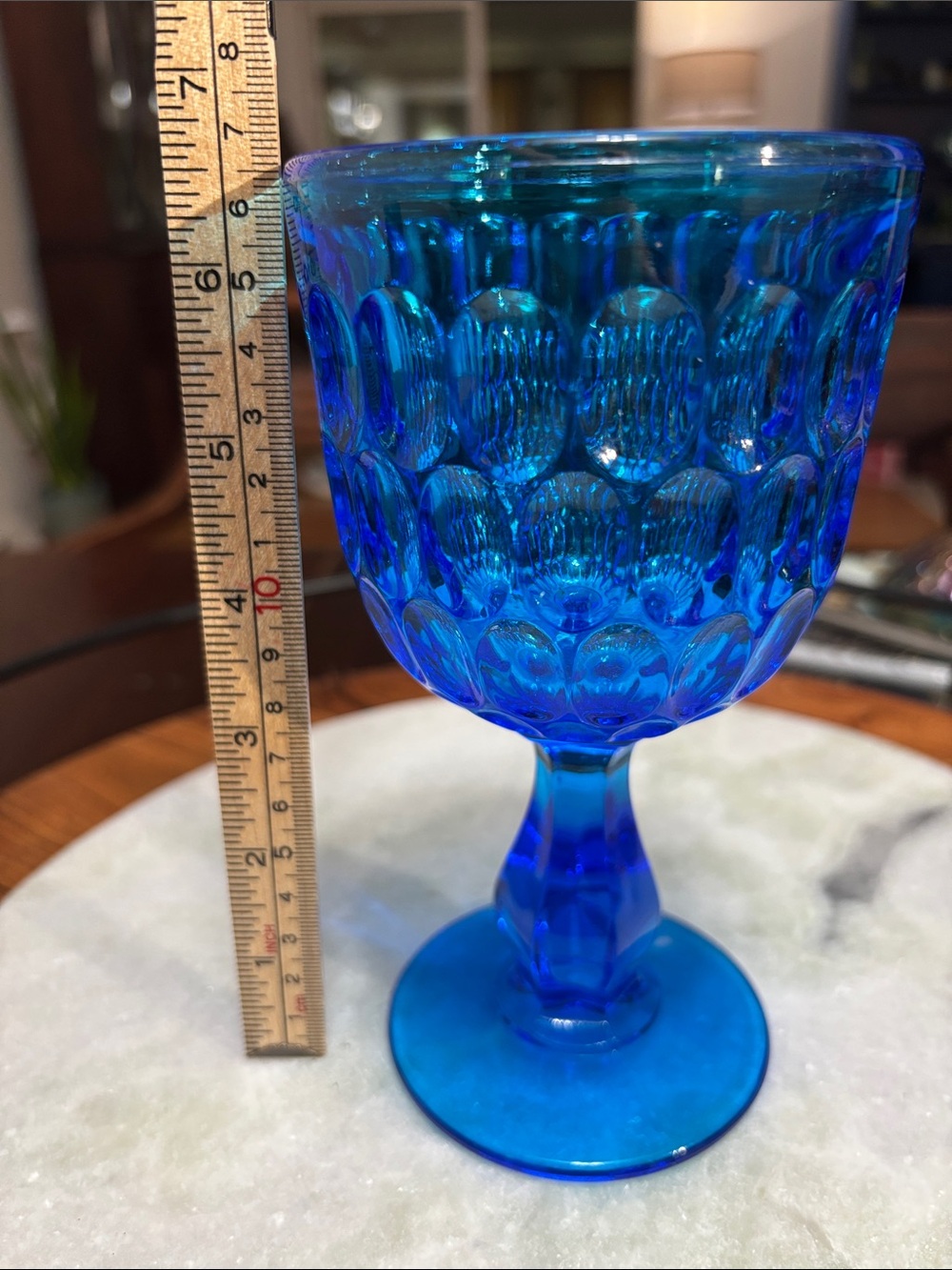 Blue Fenton glass thumbprint water goblet - Picture 6 of 7